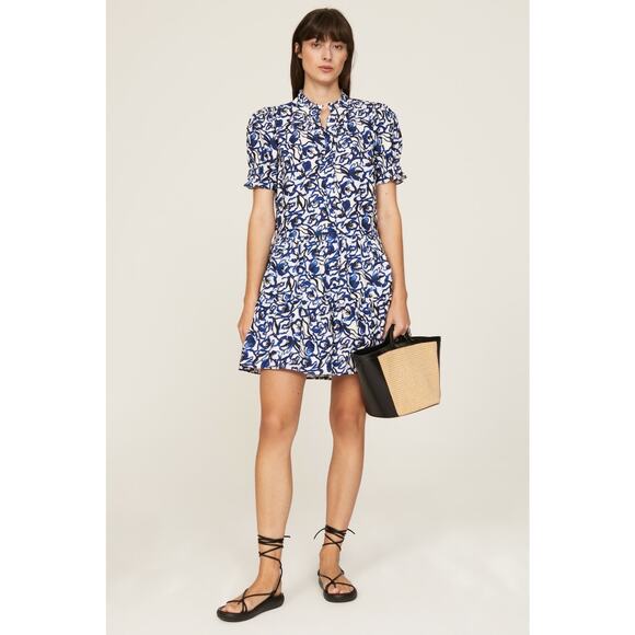 Apiece Apart Las Alturas Blue Floral Print Short Sleeve A-Line Mini Dress Size L - Picture 1 of 15